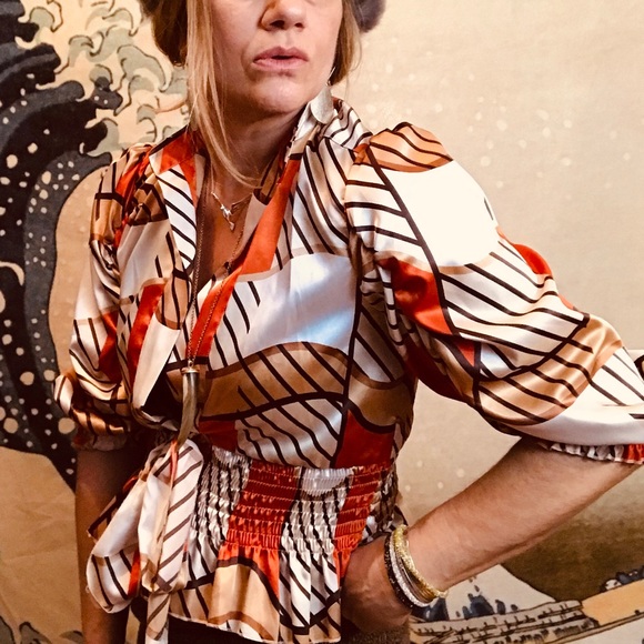 Vintage Tops - Vintage silk feel poly blouse. Gathered waist, tie